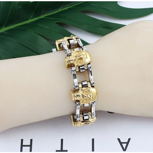 Fashion Silver color Stainless Steel Bracelet Mens Gold Skull Bracelet Biker Bicycle Link Male Jewelry Dropshipping Wholesale