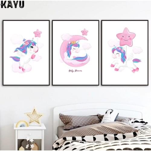 Cute Unicorn Wall Art Nordic Kids Print Nursery Canvas Poster Cartoon Star Moon Paintings Poster Wall Pictures Baby Girl Room