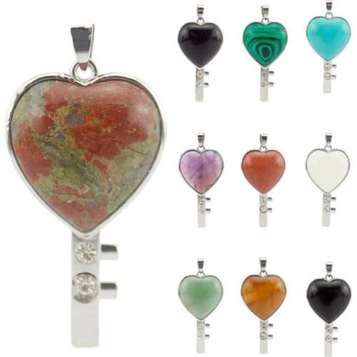 Natural Crystal Gem Heart Pendant Creative Green Tangling Love Couple Key Pendant Necklace DIY Jewelry Accessories Pendant