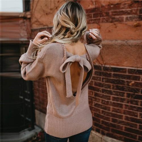 2019 new winter sweater sexy backless bowknot OL commuter Dusty Pink Women Sweaters Loose Chics DZA010