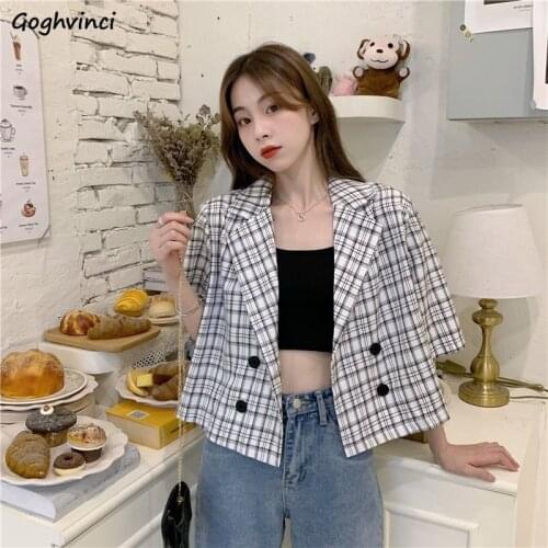 Blazers Women Vintage Plaid Double Breasted Loose High Street Trendy Chic Daily Students All-match Version Short Sleeve Female