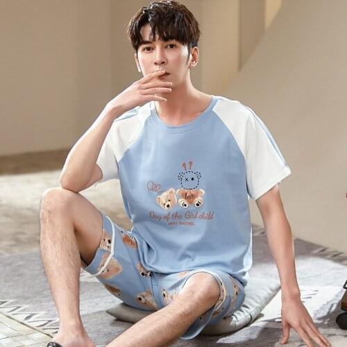 Summer Mens Pajamas Set Male Cotton Casual Short Sleeve Sleepwear Fashion Blue Patchwork Cartoon Bear Print Homewear Nightwear