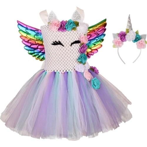 Unicorn Birthday Tutu Dress for Girls Rainbow Unicorn Party Dress Kids Flower Fluffy Tutu Costume Toddler Photo Props 0-12Y