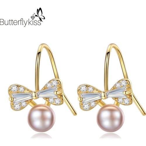 BK White/Pink/Purple Freshwater 4A Pearl Earrings Real 925 Sterling Silver Cute Bow Ear Drop Fashion Engagement Female Gifts