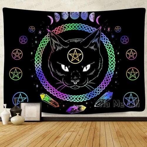 Mysterious Divination Black Cat Witchcraft Tapestry Eclipse Colorful Art Wall Hanging For Living Room Bedroom Decor