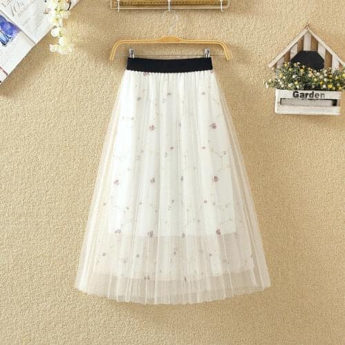 Spring Summer New A Line Ball Gown Skirts Net Yarn Skirt Mid-Calf Full Skirt Fairy Feminine Long Skirts Womens Lace Gauze Skirts