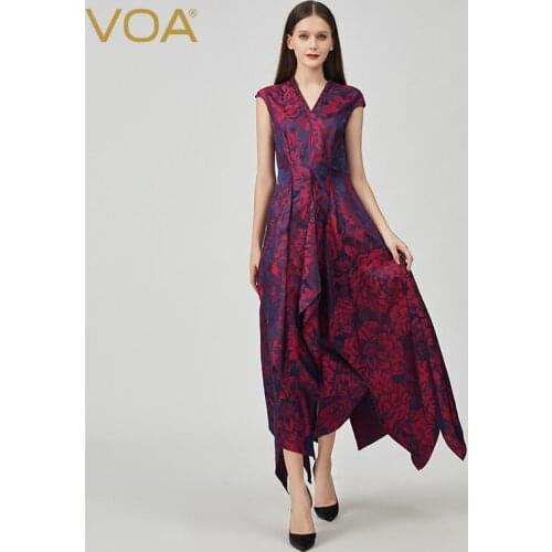 VOA Silk Yarn-Dyed Peony Jacquard V-Neck Pleats Party Dress Summer Short Sleeves Elegant Asymmetrical Maxi Dresses Chic AE1073