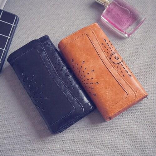 2021 Womens Hollow Out Genuine Leather Clutch Long Wallet Card Phone Holder Purse