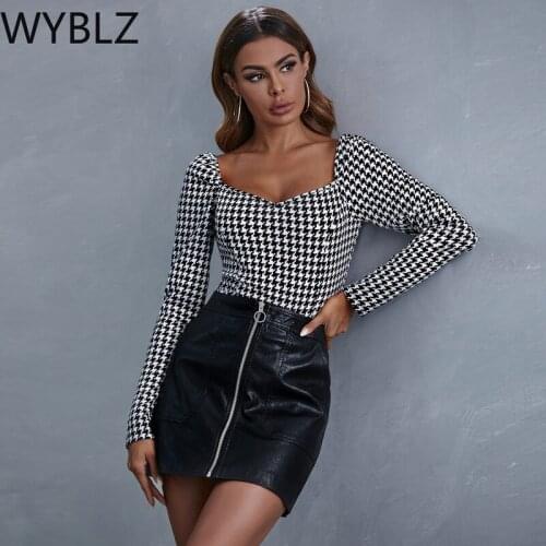 WYBLZ Womens Sexy Slim Square Collar Long Sleeve Chest Top T-shirt Female Black & White Checkered Mesh Top