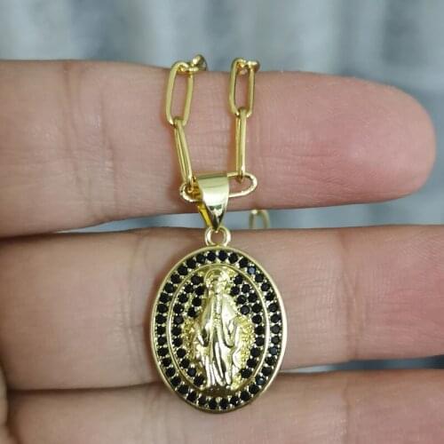 Virgin Mary Pendant Necklace Women Choker Gold Chain Rainbow Cubic Zirconia Paved Oval Luxury Jewelry Necklaces Anniversary