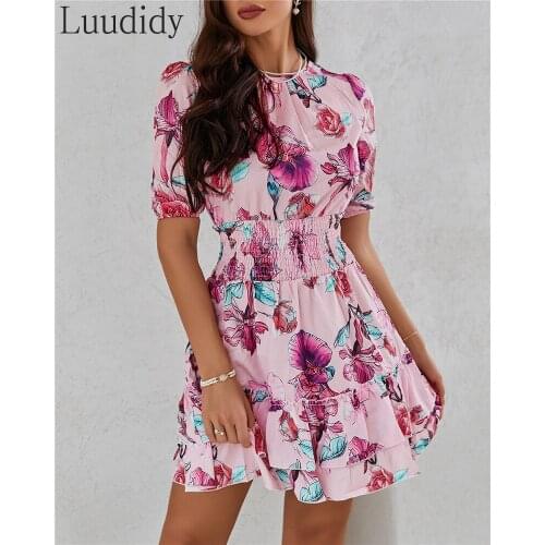 Women Floral Print Shirring Detail Layered Ruffles Mini Dress Short Sleeve Slim Waist A-Line Dress