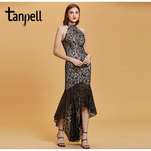 Tanpell appliques mermaid evening dress black sleeveless ankle length gown women high neck empire formal long evening dresses