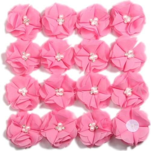 100PCS 5cm 2" Chic Chiffon Fabric Flowers for Baby Headbands Pear Rhinestone Flower For Women Girls Hair Accessories