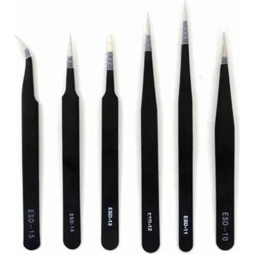 ESD Stainless Steel Tweezers Anti-static Tweezers Anti-Static Curved Pincers Pincette Hand Tool Set 6pcs/lot with Free Ship