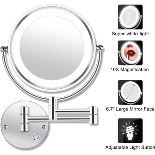 8.5" LED Double Sided Swivel Wall Mount Vanity mirror-3x 5x 10x Magnification,13.7" Extension,Touch Button Adjustable Light