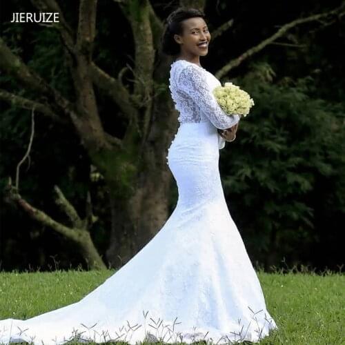 JIERUIZE White Lace Mermaid Wedding Dresses Long Sleeves Simple Bridal Dresses Sheer Back Cheap Wedding Gowns robe de soiree