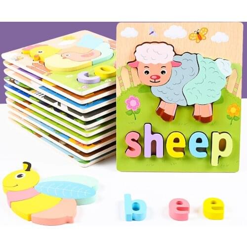 Baby Toys Wooden 3D Puzzle Educational Toys Montessori Early Learning Kids Cartoon Animal Alphabet Matching Jigsaw Puzzle