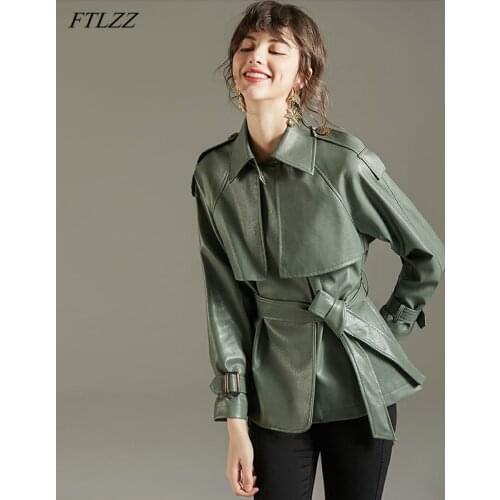 FTLZZ 2021 Spring Autumn Lapel Faux Leather Jacket Women Green PU Coat Simplicity Loose Jackets Office Lady Outwear with Belt