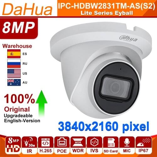 Dahua IP camera Original starlight 8MP 4k IPC-HDW2831TM-AS-S2 security camera outdoor indoor IPC IR 30m H.265 Built-in mic Audio