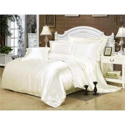 Silk Cream bedding set White Satin Cal king size queen full twin quilt duvet cover bed in a bag sheet fitted bedspread 6pcs