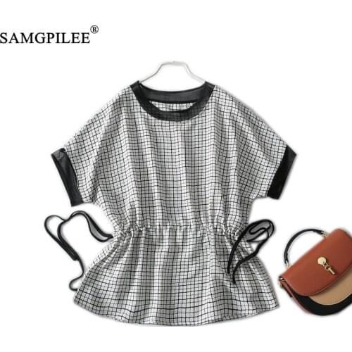 Summer Clothes For Women 2021 New Office Lady Chiffon Tees Plus Size Short Sleeve Sashes Plaid O-neck Woman T Shirt Oversized