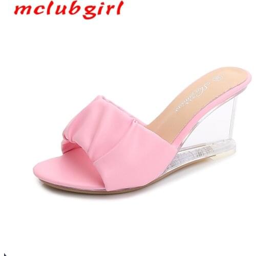 MCLUBGIRL 2021 Spring Summer Sexy Dance Sexy Crystal 8cm Transparent High Heels Glass Wedge Wedge Crystal Slippers LFD-1098-71