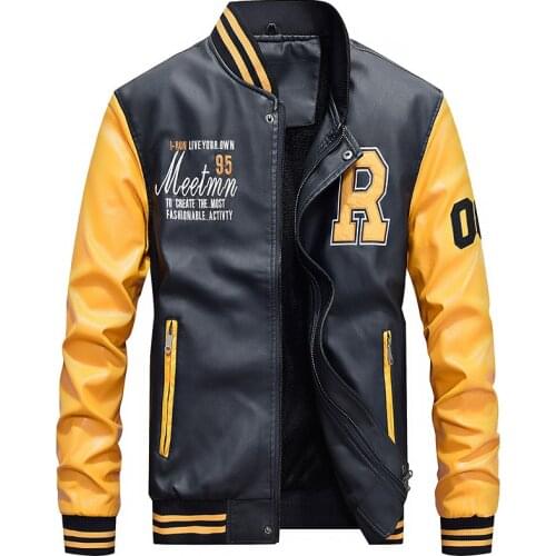 Fleece Pilot Leather Jacket Hombre Embroidery Baseball Jackets Men Letter Stand Collar Pu Leather Hip Hop Coats Plus Size 4XL