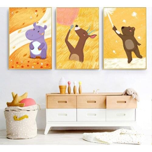 Nordic Posters Print Bear Giraffe Cow Yellow Color Canvas Painting Cartoon Wall Pictures Kids Room Decor Baby Nursery Wall Art