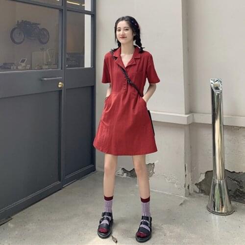 V-Neck French Shirt Dresses Casual Vintage Summer Womens Dress 2021 Button Solid Collar Cotton Short Skirt Female