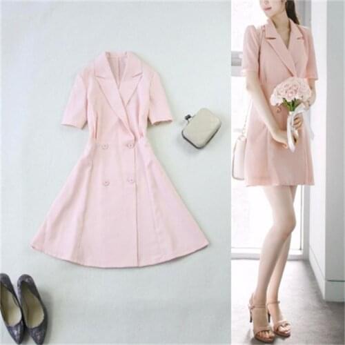 Dress Womens new summer solid color large size breathable Slim collar collar double breasted women dress