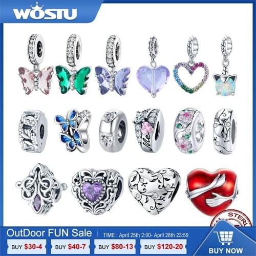 WOSTU Authentic 925 Sterling Silver Heart Flowers Butterfly Beads Charms Pendant Fit Bracelets Women Party DIY Fine Jewelry Gift