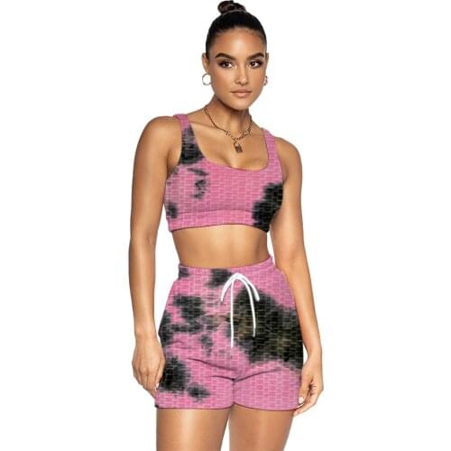 Sportswear Drawstring Tie Dye Print 2 Piece Outfits Casual Fitness Tank Crop Top Biker Shorts Slim Two Piece Set Women Clothing