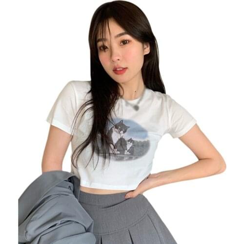 Korean Style Print T-Shirts Women O Neck Slim Exposed Navel Summer Short Sleeve Tee Shirt Ladies Casual Tops