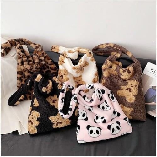 Women Lamb Like Fabric Shoulder Tote Bag Canvas Fluffy Fur Bear Handbags Large Capacity Soft Shopping Bags Girls Cute School Bag