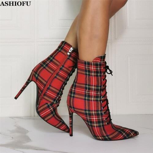 ASHIOFU New Designed Handmade Womens High Heels Boots Plaid-leather Party Dress Ankle Booties Fashion Daily Wear Winter Boots