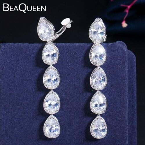 BeaQueen Long Water Drop No Hole Ear Clips Cubic Zircon Women Clip Earrings without Piercing Wedding Jewelry for Bridesmaid E379