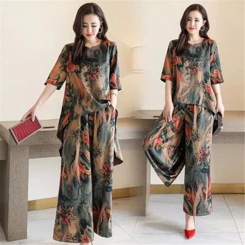 2021 Summer 2 Pieces Suits Fashion Middle-aged Printing Plus Size Wide Leg Pants Two-piece Sets Female Clothing Sets Female