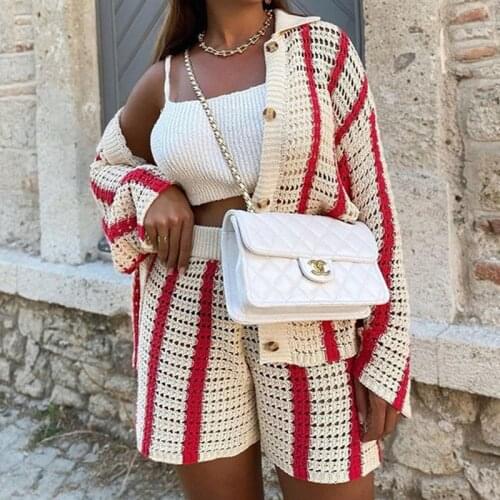 Tossy Casual Knitted Women Two Piece Sets Homewear Sets Oversized striped Cardigan And Shorts Set Loose Outfits 2021 Fashion