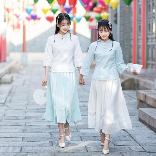 Literature and art RETRO Chinese elements chiffon dress womens ethnic style bamboo Embroidery Cotton Linen Shirt Set