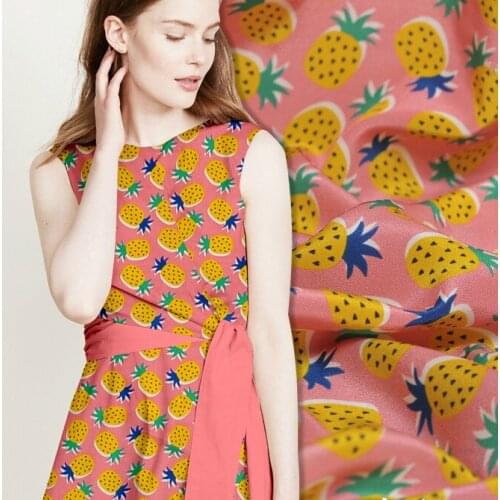 140cm wide pineapple printed silk fabric meter digital printing silk crepe de chine fabric 16mm shirt dress fabric silk cloth