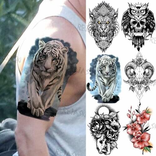 3D Watercolor Tiger Temporary Tattoos For Men Women Realistic Fake Lion Owl Deer Flower Tattoo Sticker Unique Waterproof Tatoos