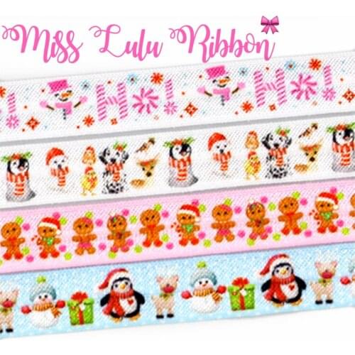 5/8"16mm Christmas Series Penguins Cute Dogs Printed Elastic Ribbon Hair Band Making 50yards/roll Snowman DIY Party Gift