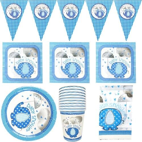 51pcs/lot Birthday Party Cups Boys Kids Favors Blue Elephant Napkins Plates Flags Baby Shower Banner Decorations Tablecloth