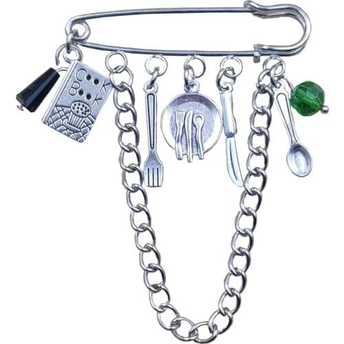 8 Retro Silver Plated Tableware Catering Series Knife Fork Spoon Plate Cook BooK Style Brooch Mother Birthday Gift CX115-120