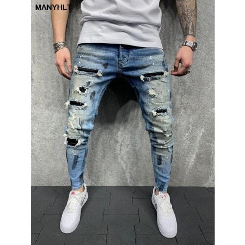 European And American New Mens Clothing Mens Self-cultivation Ripped Paint Denim Mens Pants Fashion Casual Trousers Y2K