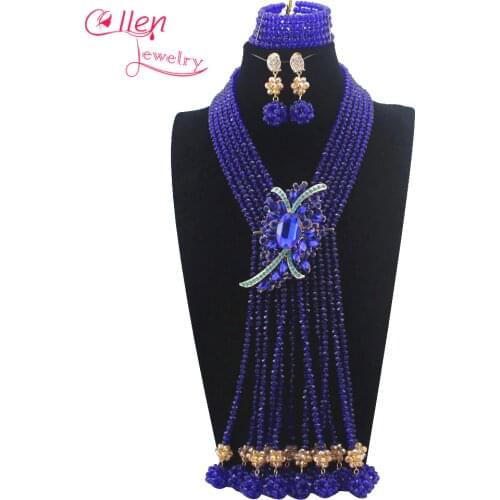 Fashion blue and silver African Beads Jewelry Set Nigerian wedding bridal dubai Crystal Beads women statement Necklace Set E1121