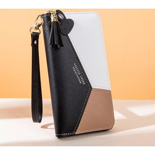 PU Korean Version of Contrast Color Stitching Bag Zipper Simple Tassel Large Capacity Wallet Mobile Phone Bag Hand Coin Purse