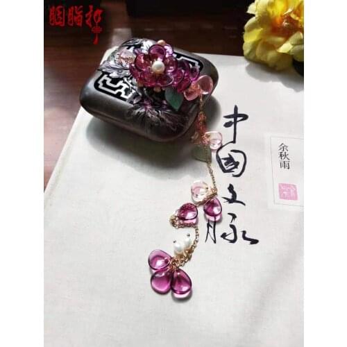 Luo Ying Falling Cherry Tourmaline Colored Glaze Flower Tassel Hair Clips Hanfu Hair Accessory Attachment can be changed