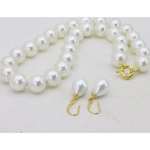 New listing! 14mm White Sea South Shell Pearl Earrings+Necklace 18 INCH Fashion Womens Clothing Jewelry Design And Collocation