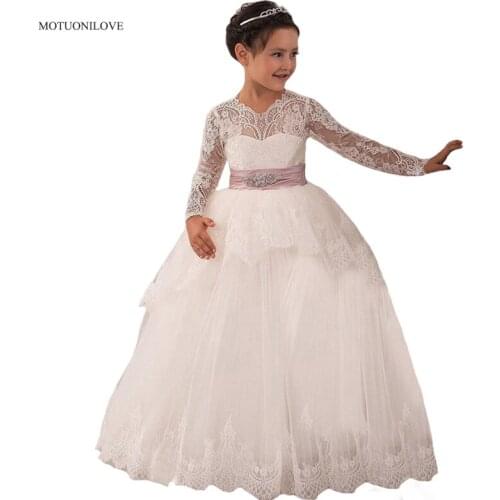 Princess Flower Girl Dresses O Neck Ball Gowns for Little Baby vestidos de primera comunion Long Sleeves Kids Pageant Dresses